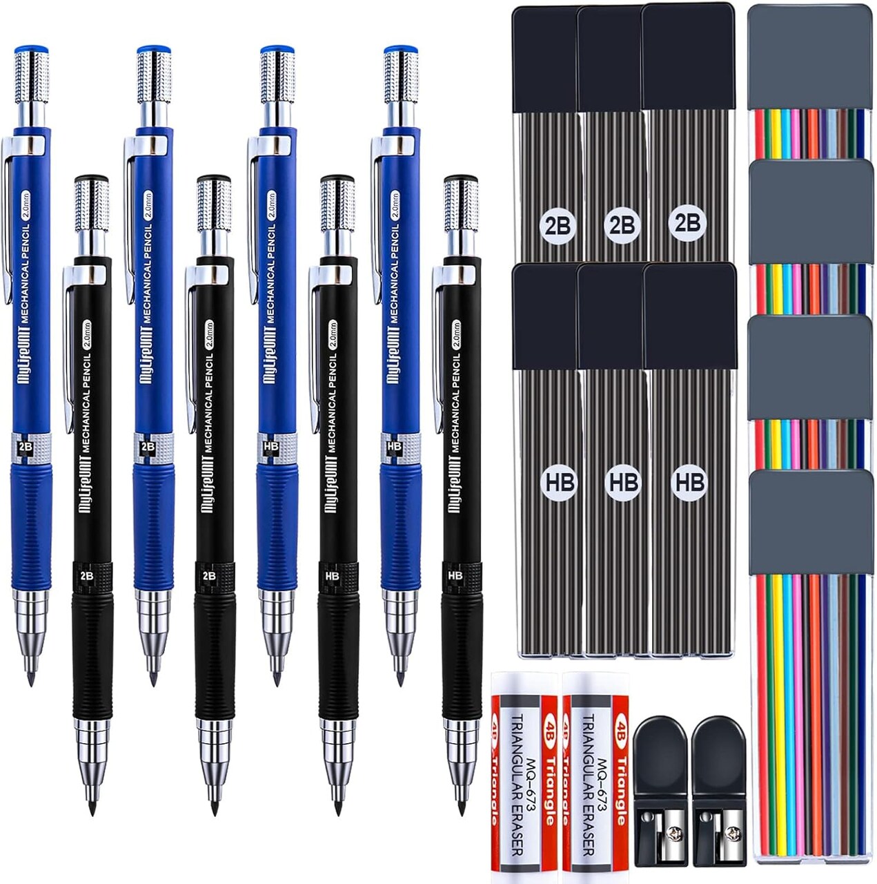 22 Pcs 2.0 mm Mechanical Pencils Set, 8 Pcs Lead Pencils with 10 Case Lead Refills 2B, HB Black & Colors, 2 Pcs Erasers and 2 Pcs Sharpeners for Drawing, Sketching and Drafting
